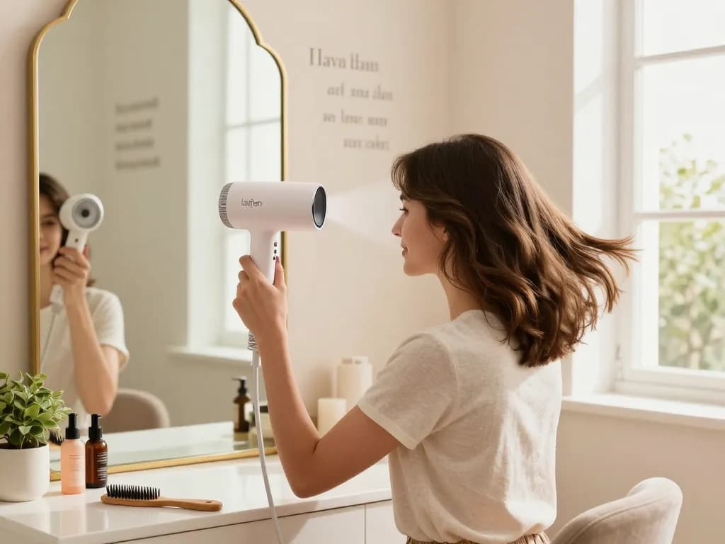 Woman styling her hair with a Laifen hair dryer in a bright beauty studio, showcasing elegance and confidence.