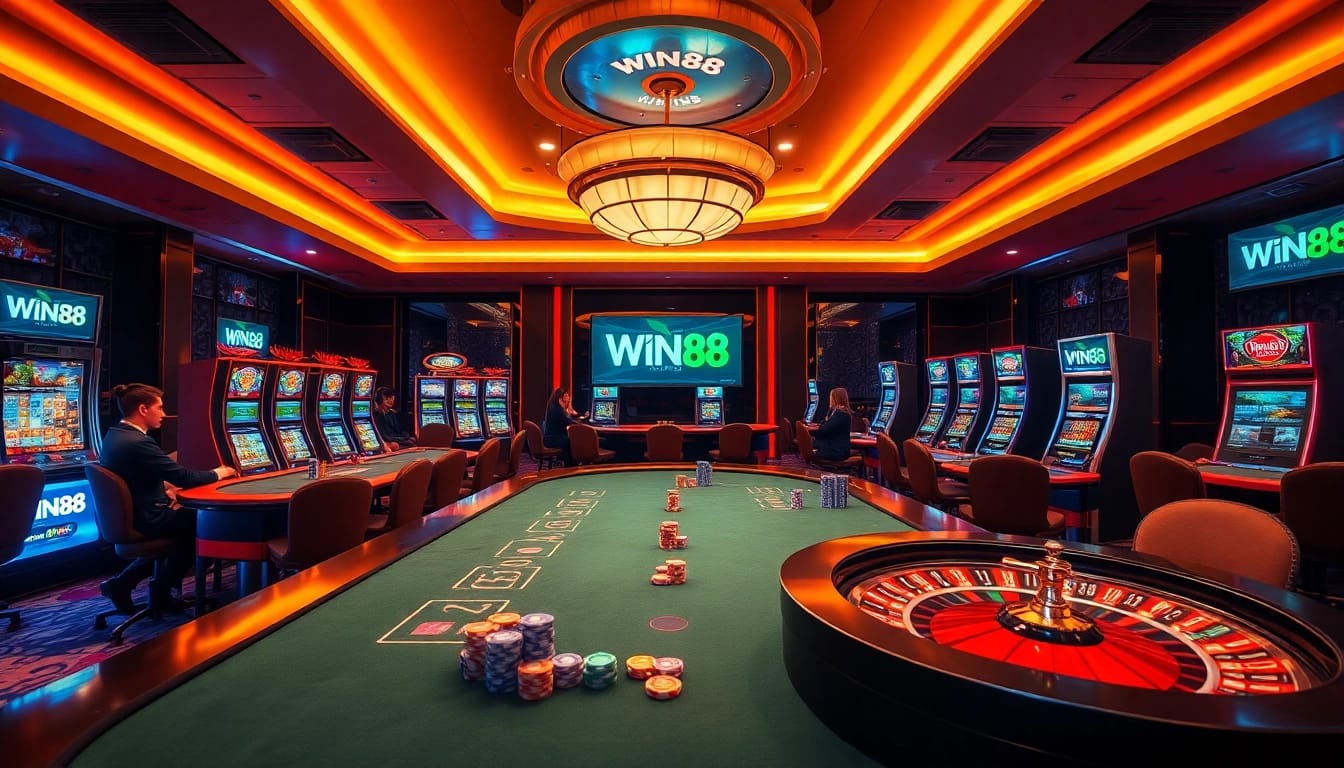 Experience the thrill of WIN88 with vibrant casino games, spinning roulette wheels, and colorful poker chips.