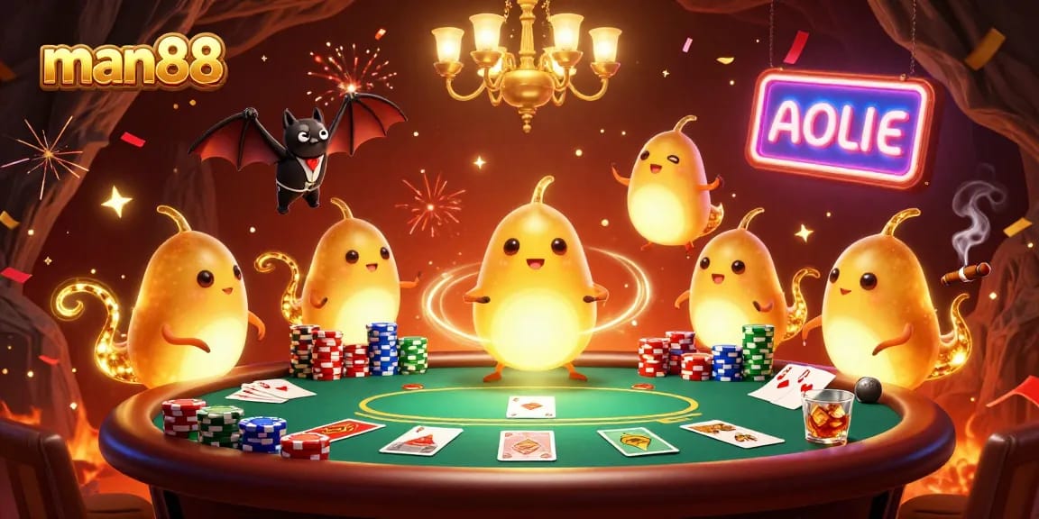 Experience thrilling gameplay at man88, with bioluminescent glowworms lighting a lively cave casino atmosphere.