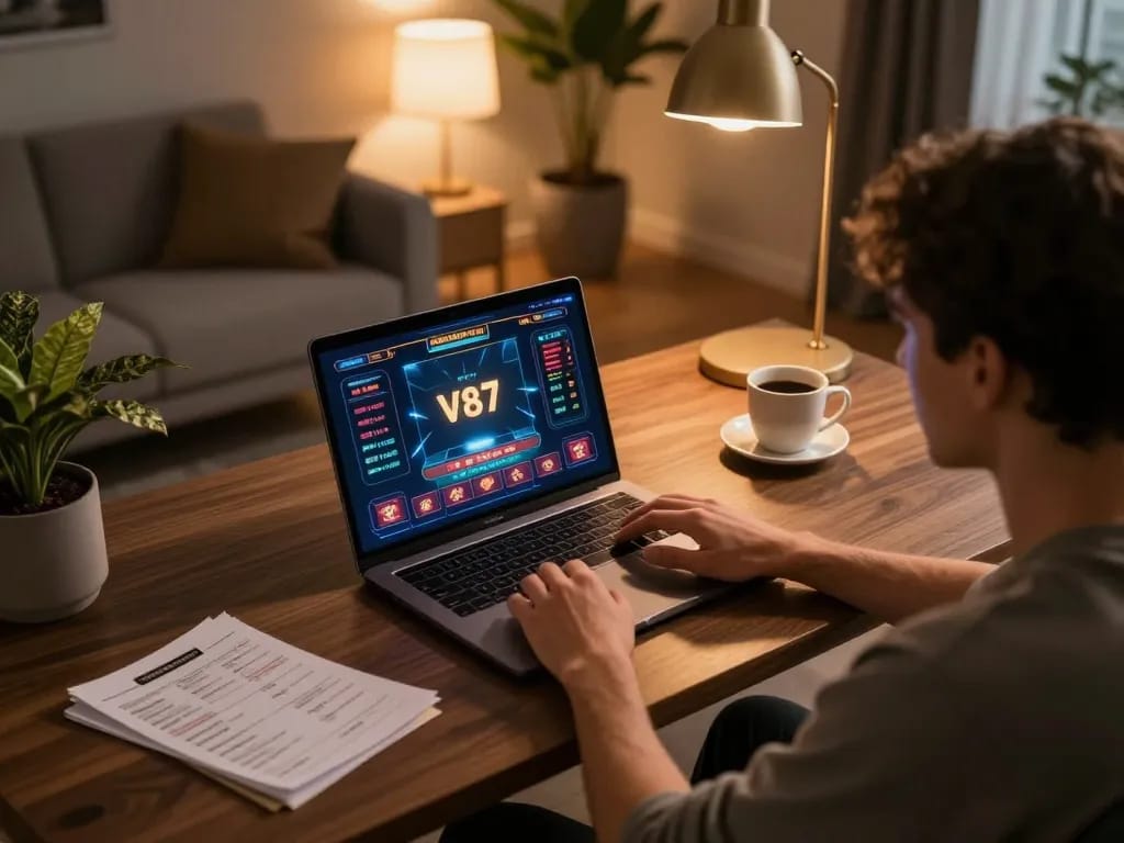 Pemain menikmati permainan kasino online V87 dengan pengaturan laptop yang menarik dan catatan strategi.
