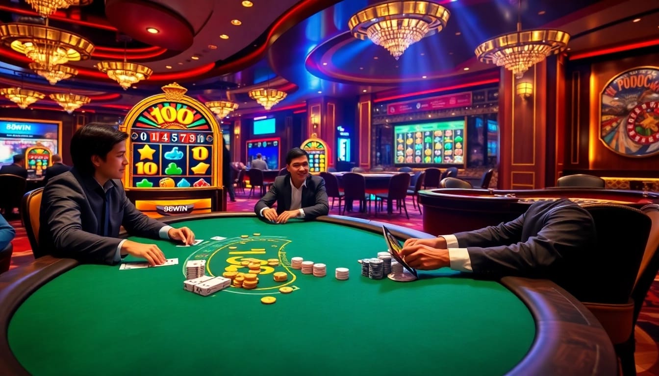 Engage with the high-stakes excitement of 98win at a luxurious casino gaming table with vibrant cards.