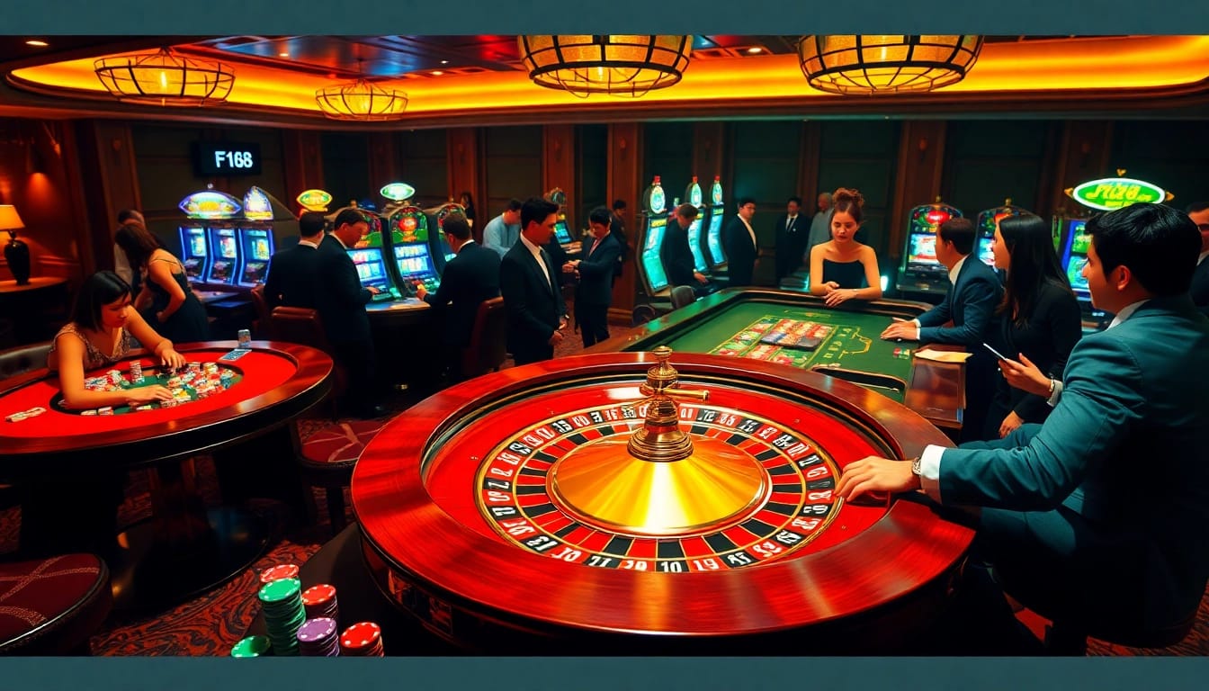 Excitement at F168 casino with roulette table and lively players.