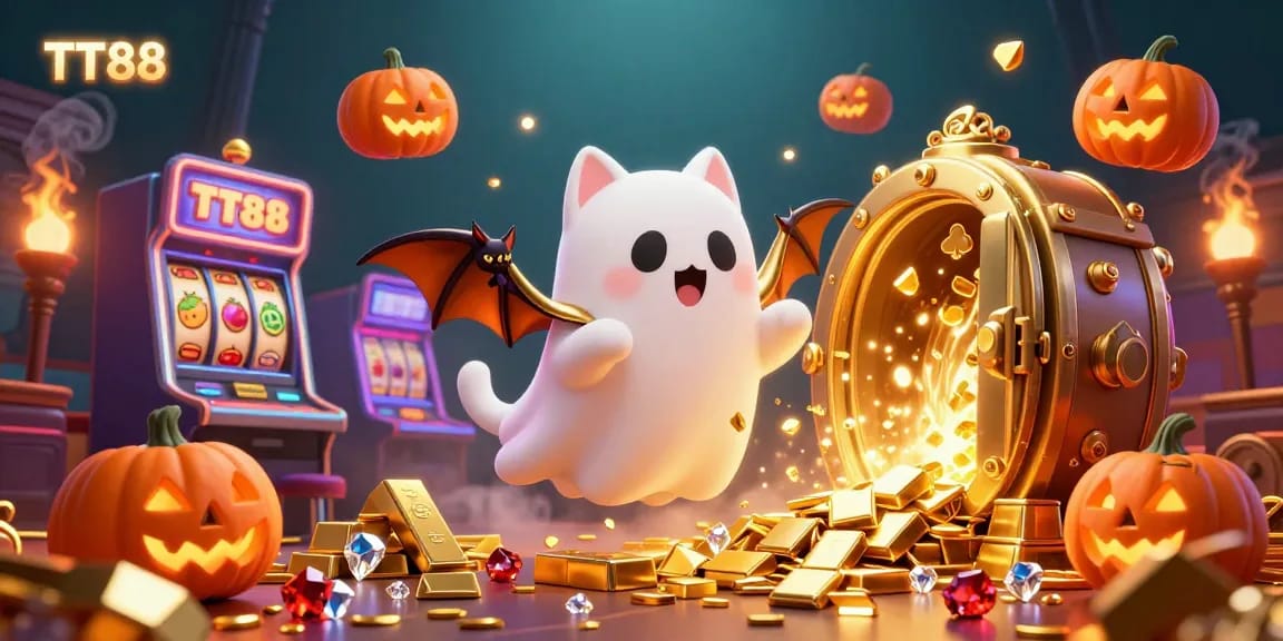 Interact with exhilarating slot games at TT88 featuring ghostly characters and vibrant casino elements.