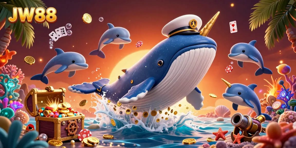 JW88's vibrant underwater casino scene features a whale, dolphins, and poker chips amidst a treasure of coins.