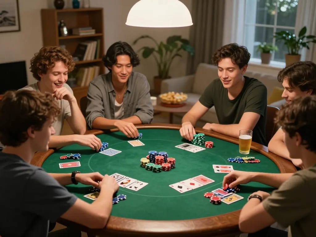 Players enjoying a friendly poker game at home, showcasing NK88 chips and cards with warm lighting.