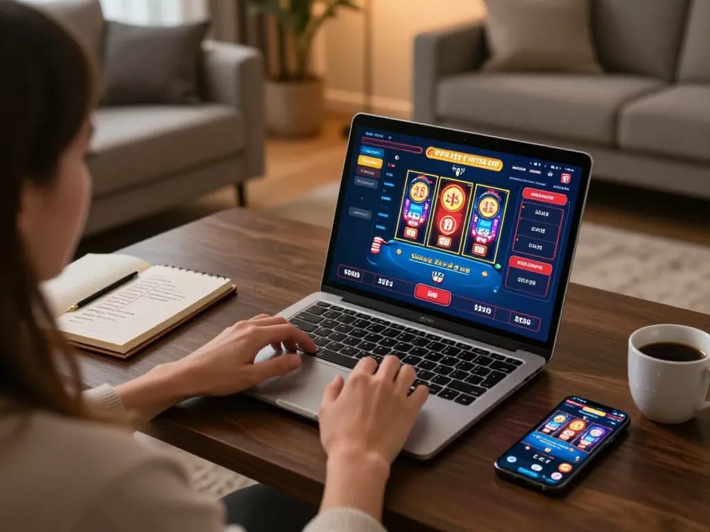 Engaging in online casino gaming at home with MB66 on laptop and smartphone, showcasing strategic bets and personal notes
