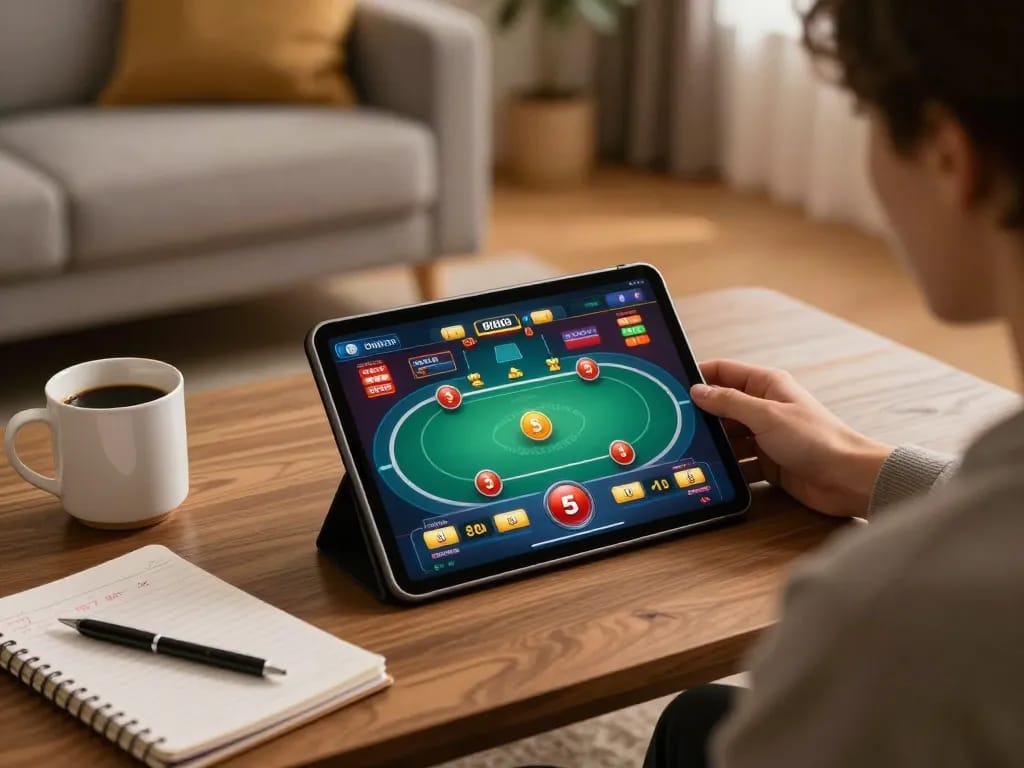 KP88 user engaging in online poker gaming with tablet in a cozy environment