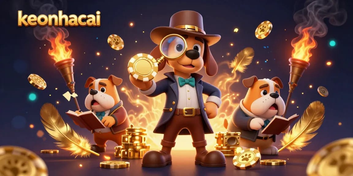 Engage with keonhacai through a cartoon detective scene filled with gambling elements and clues.