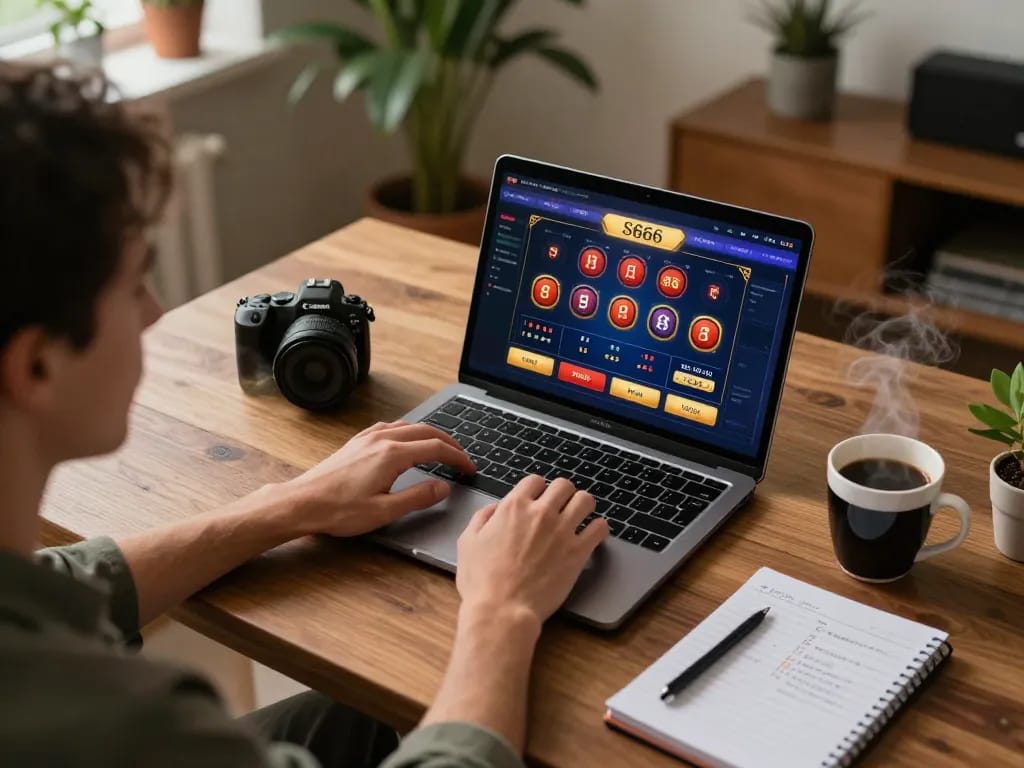 Player enjoying an immersive experience with s666 online casino setup, laptop showing live game.