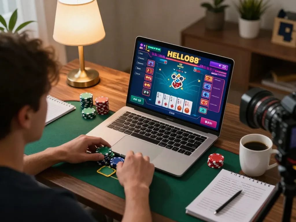 Engaging online poker gameplay on laptop showcasing HELLO88 gaming interface during a cozy home session.