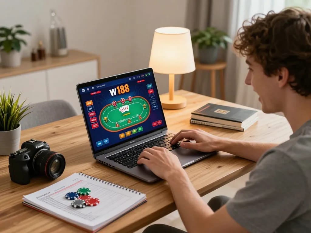 Engaging user plays w188 bet on laptop showcasing vibrant poker game interface, capturing dynamic home gaming experience.