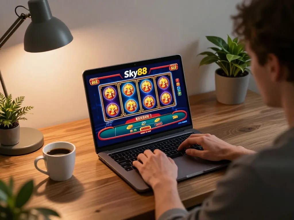 Person enjoying Sky88 online casino games on laptop at stylish home office desk.