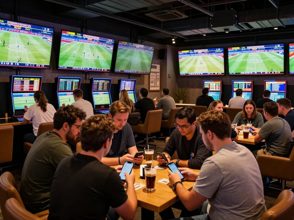 Sports bettors strategizing with TR88 odds displayed on multiple screens in lively lounge.
