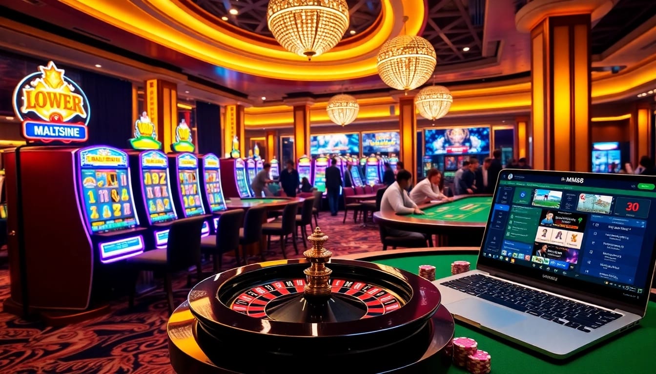 MM88 live casino gaming with vibrant slot machines and enthusiastic players.