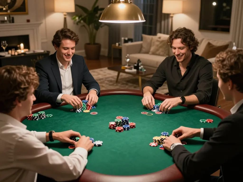 Players enjoying poker night at home, showcasing strategic gameplay with ok365 atmosphere