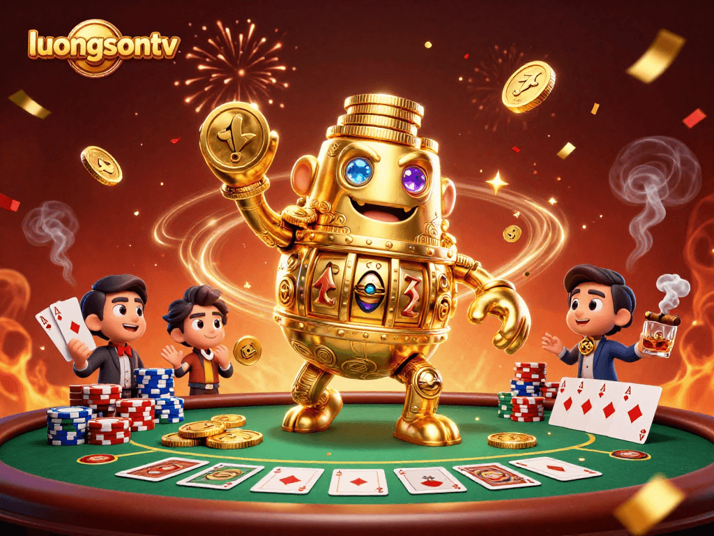 Experience thrilling moments at LuongSonTV with an enchanting scene featuring a golden golem and casino elements.