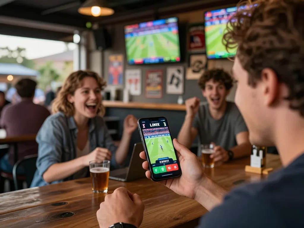 Engaged player using LINK FABET app for live sports betting at a lively outdoor setting
