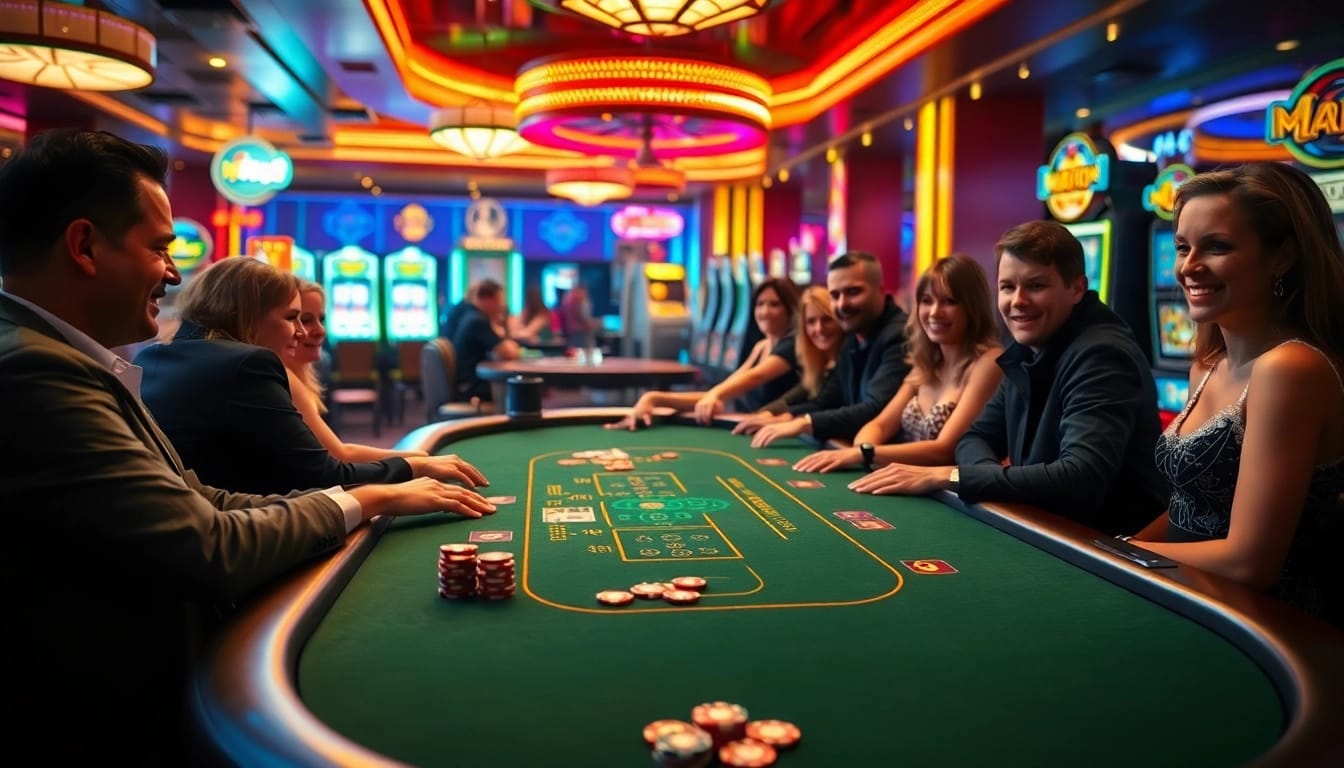Experience the excitement of VipLuck Canada with engaging blackjack players in a lively casino scene.
