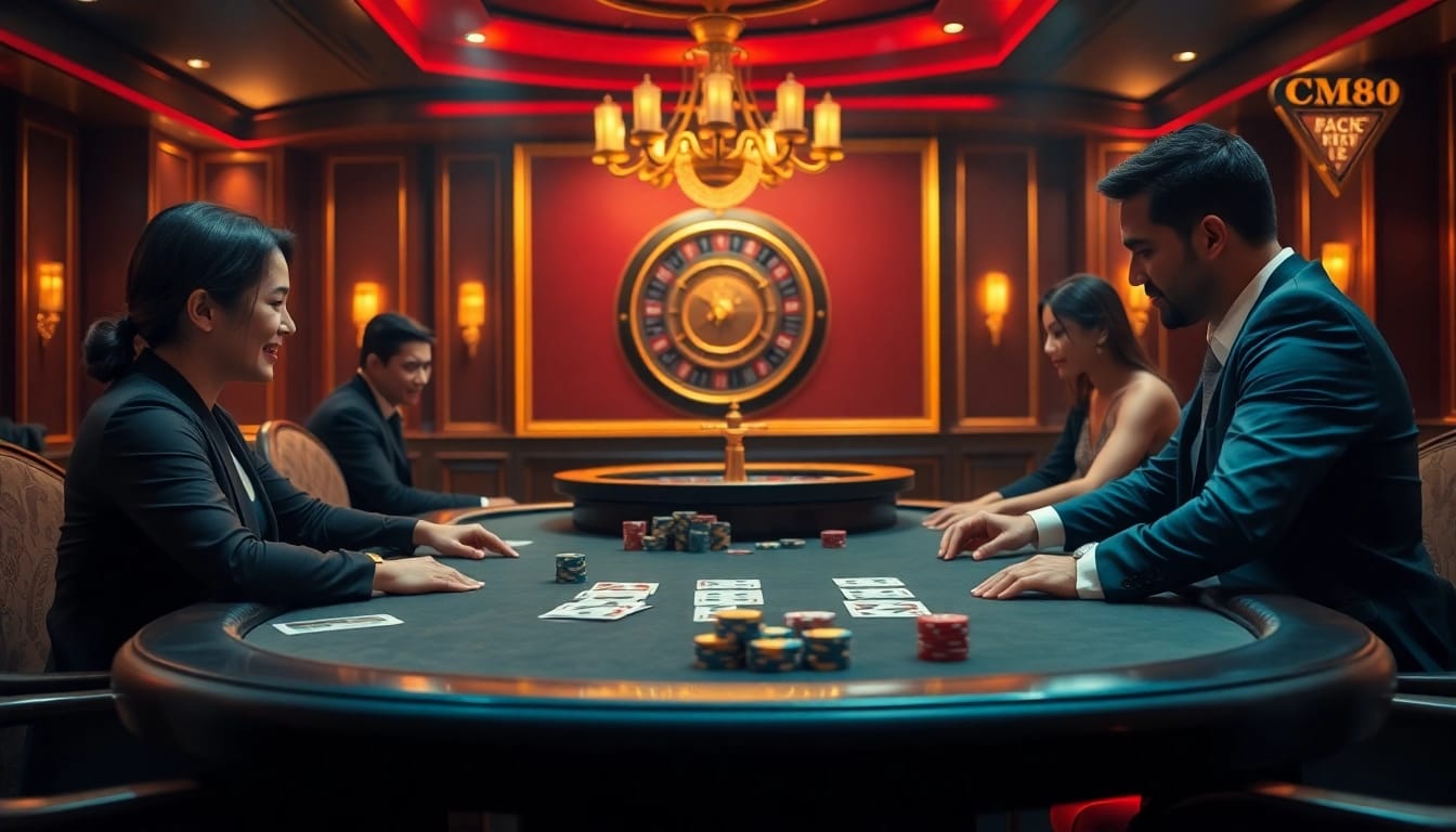 Experience the thrill of cm88 tải app with a vibrant casino scene showcasing poker and roulette excitement.