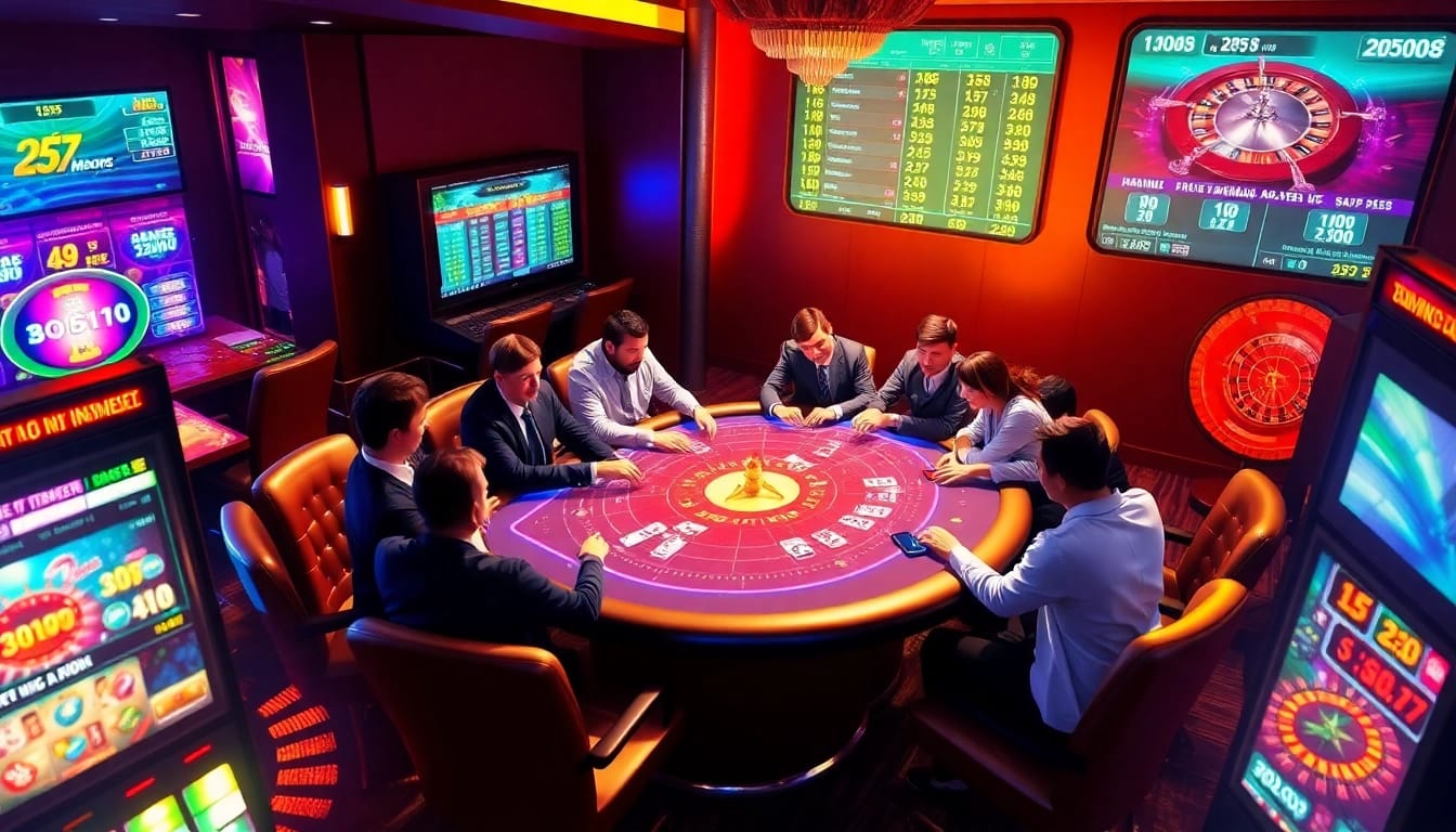 Exciting gambling scene depicting a poker table surrounded by vibrant slot machines, showcasing https://nhandinhkeonhacai.news/ betting strategies.
