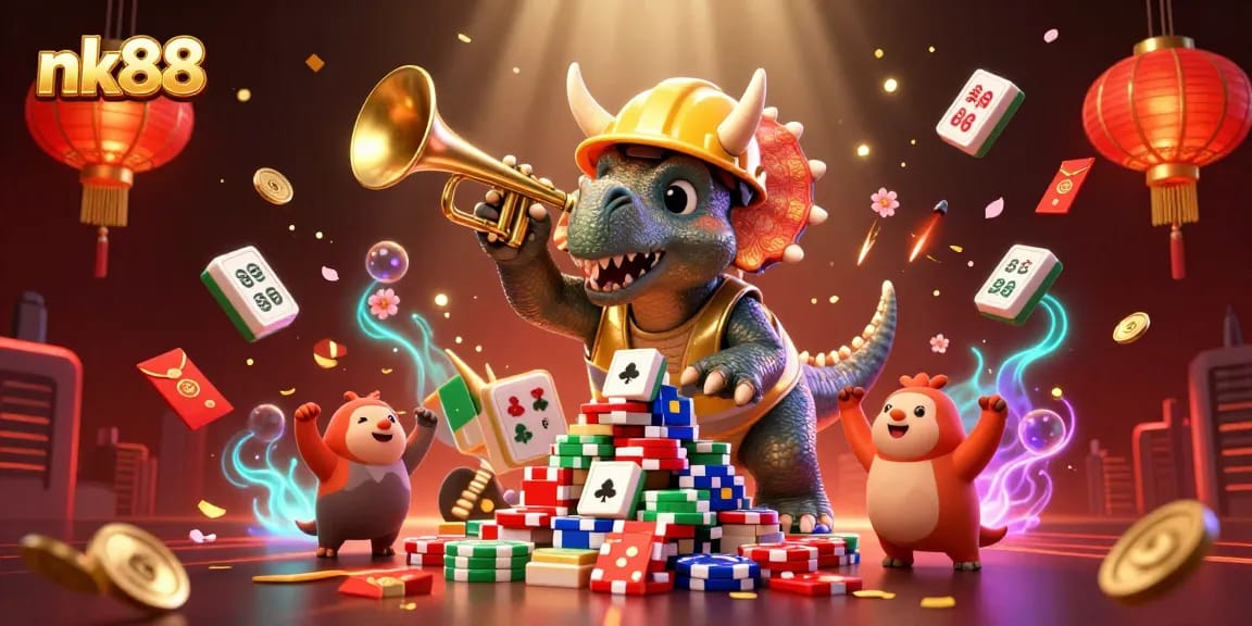nk88 offers a vibrant casino experience featuring colorful characters building excitement with poker chips and festive elements.