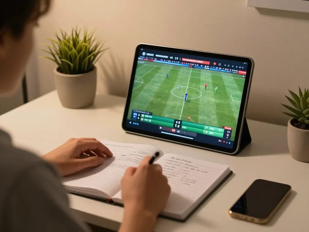 Engaging in sports betting using a tablet during online gambling session, focusing on ty le keo nha cai and strategies.