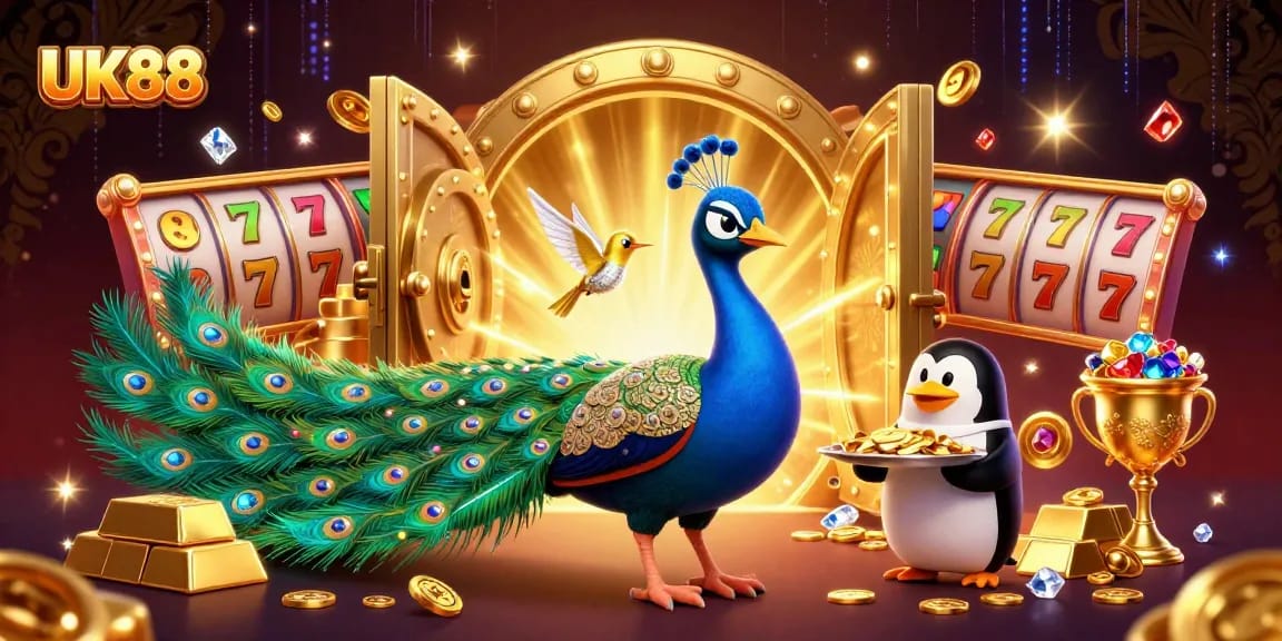 Win big at UK88 with lavish 3D casino elements featuring vibrant characters and dynamic treasures.