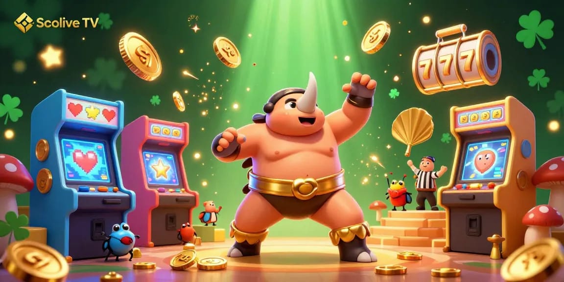 Socolive TV showcases a lively 3D cartoon casino scene featuring a beetle sumo champion surrounded by slot machines and cheering spectators.