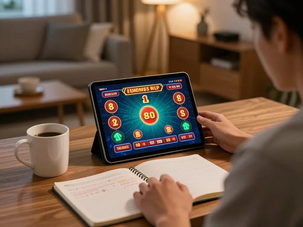 Engaging with LINK KU88 on a tablet, showcasing an online casino gaming experience in a cozy home.