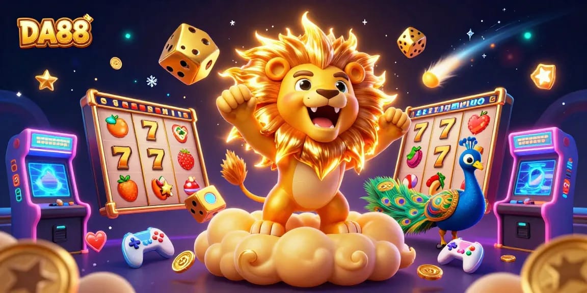 Experience the thrilling world of DA88 with vibrant slots and colorful characters in this 3D casino illustration.