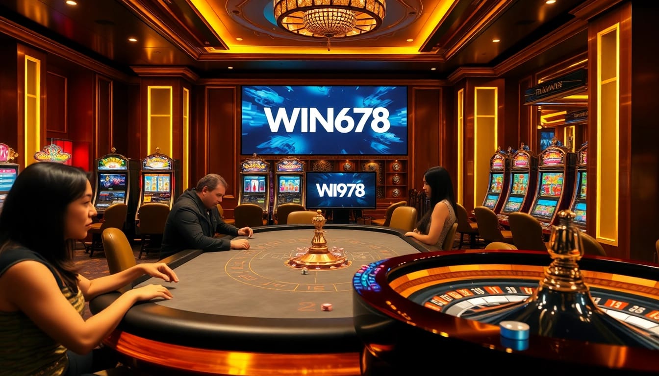 Experience the thrill of WIN678 at a bustling casino featuring poker tables and vibrant slot machines.