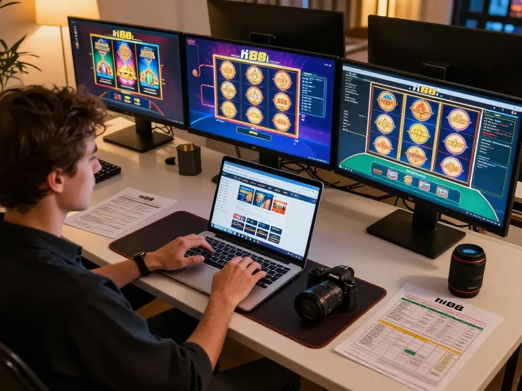 Engaging in strategic online gambling at hi88 with a dynamic gaming interface and home setup.