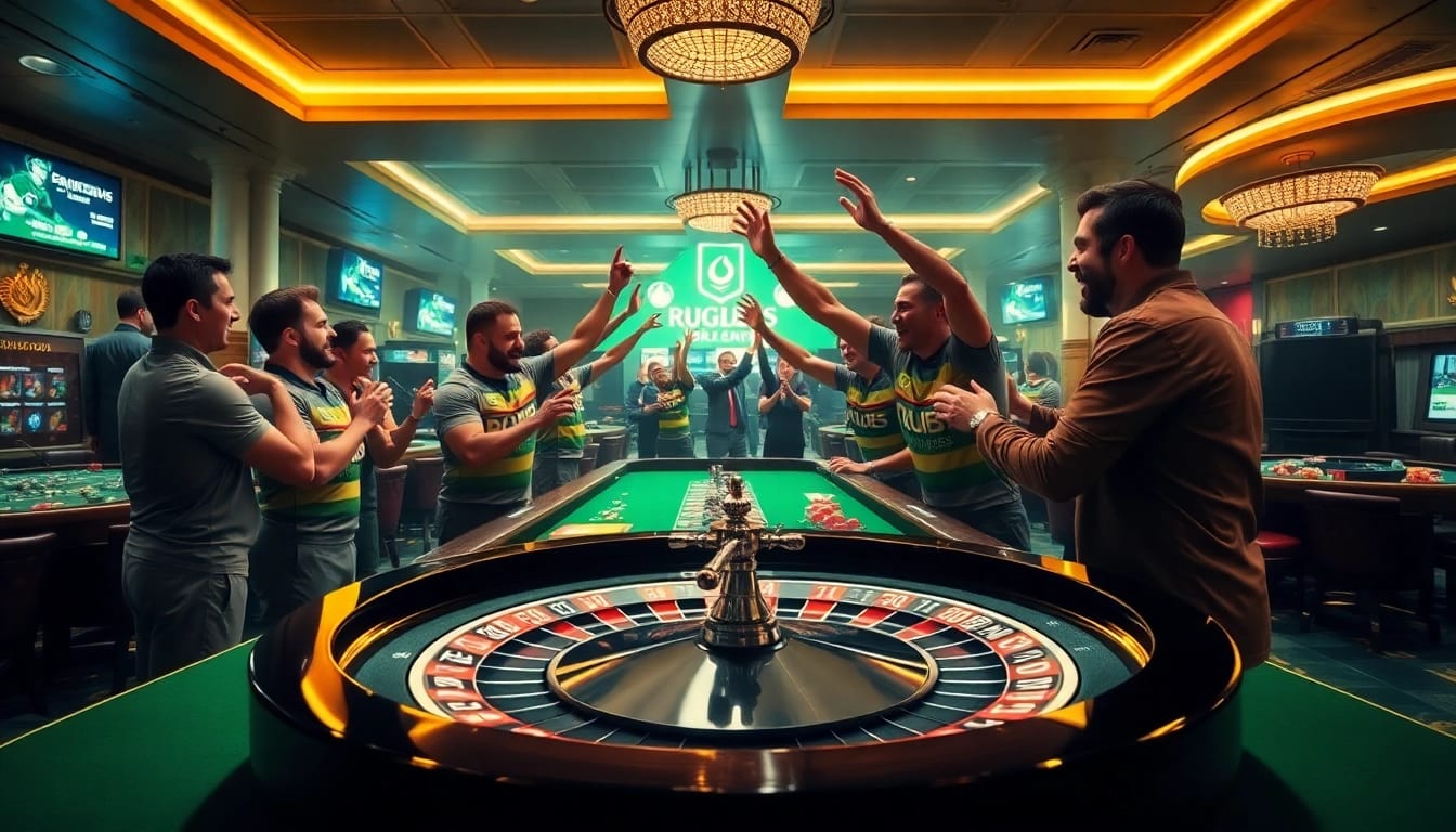 Engage in rugby paris sportif excitement at a lively casino with players celebrating their wins.