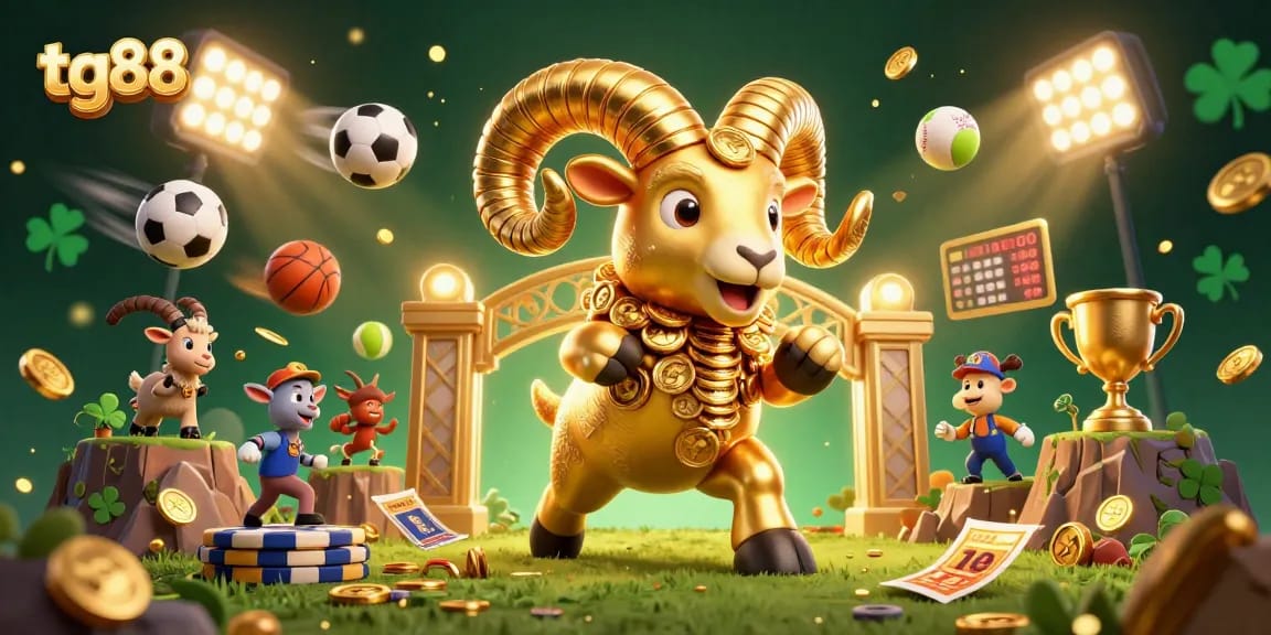Experience exciting games at tg88 with a golden ram charging towards jackpots in this vibrant casino scene.