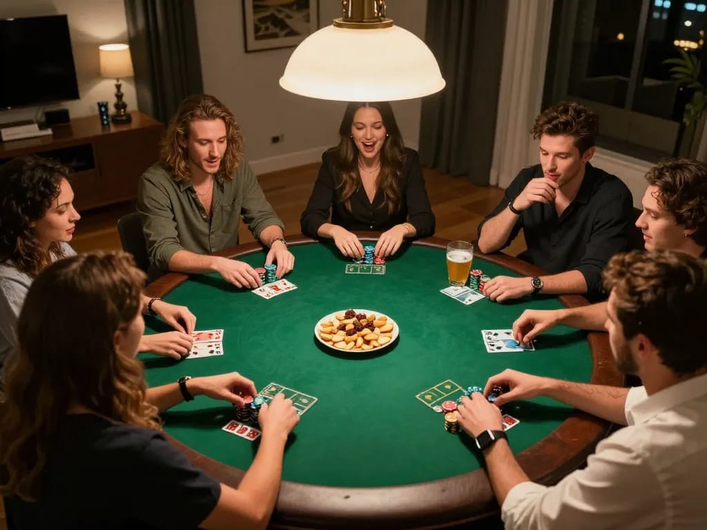 Friends engaging in a lively poker game night at home, showcasing MM88 gaming strategy atmosphere.