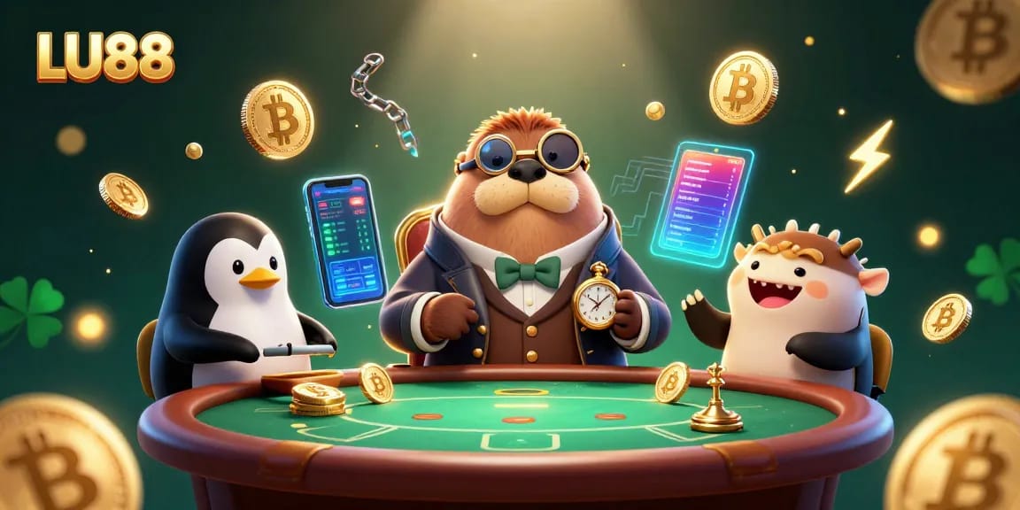 Experience LU88 with a jolly walrus, penguin dealer, and pufferfish player at a vibrant underwater casino.