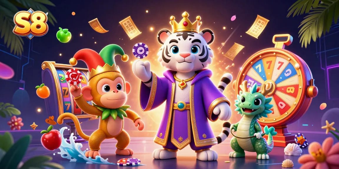 Engage with S8's vibrant casino illustration showcasing a royal tiger, jester monkey, and jade dragon amid thrilling game elements.