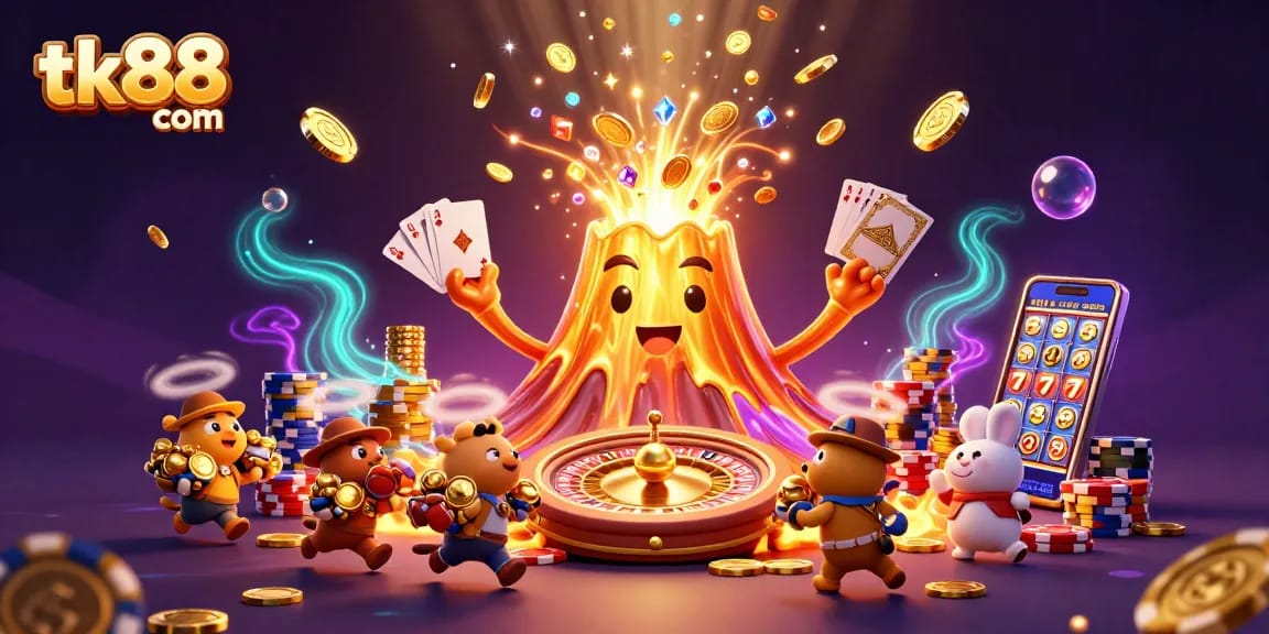 Spin to win at tk88 com with this vibrant 3D casino scene filled with treasures and gaming excitement.