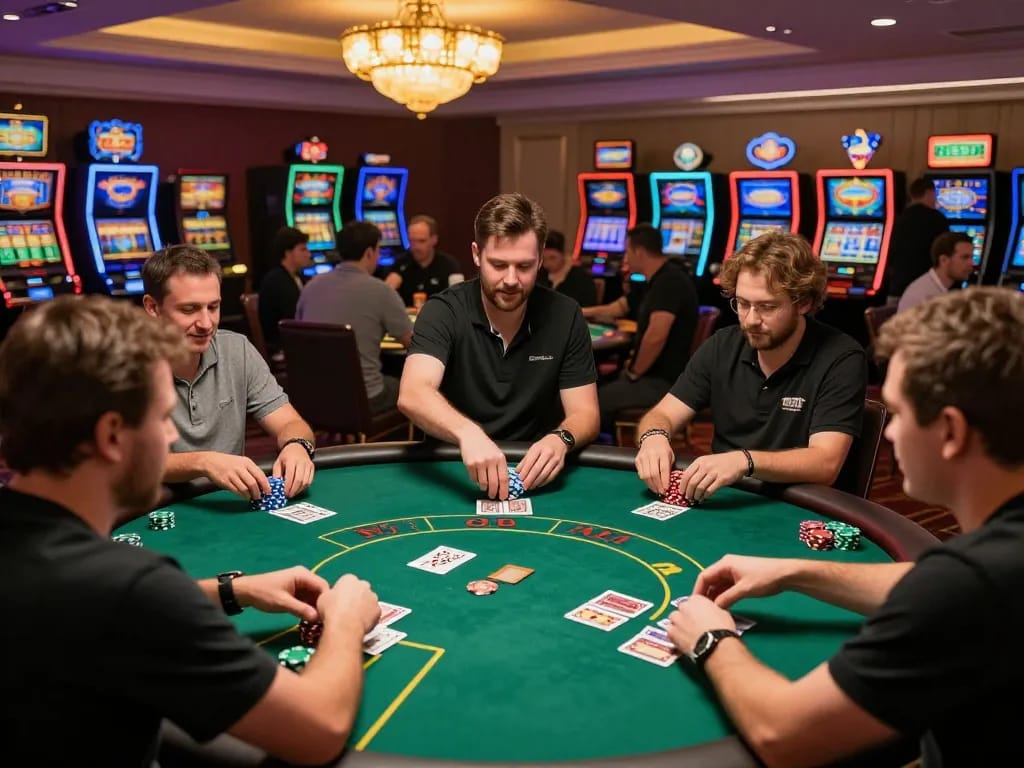 TOP88 players engaging in strategic gameplay at a lively poker table, showcasing casino excitement.