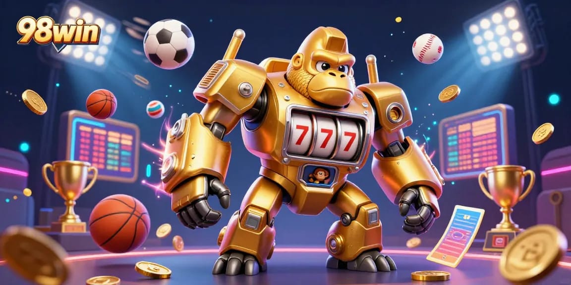 Engage with exciting gaming on 98win, featuring a vibrant 3D gorilla mech amidst dynamic sports and casino elements.
