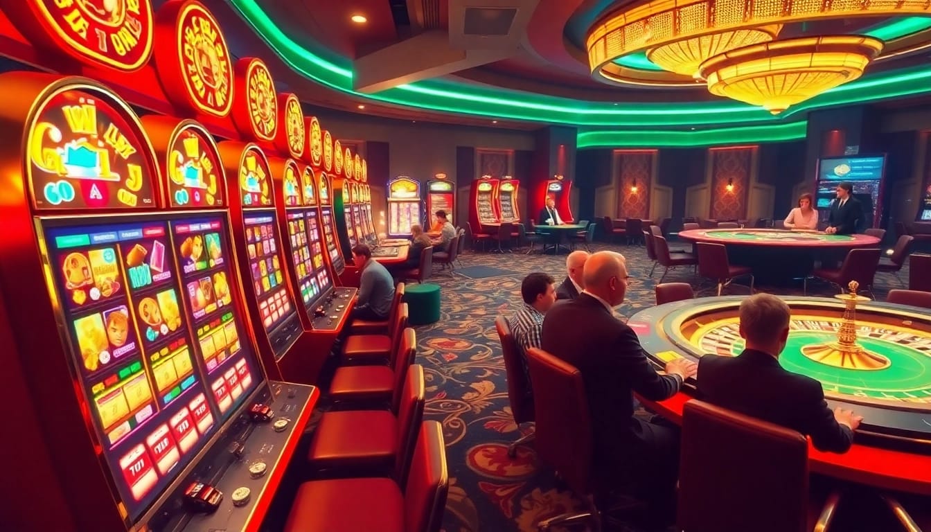 Experience high-stakes excitement at okwin's vibrant casino scene featuring lively tables and slot machines.