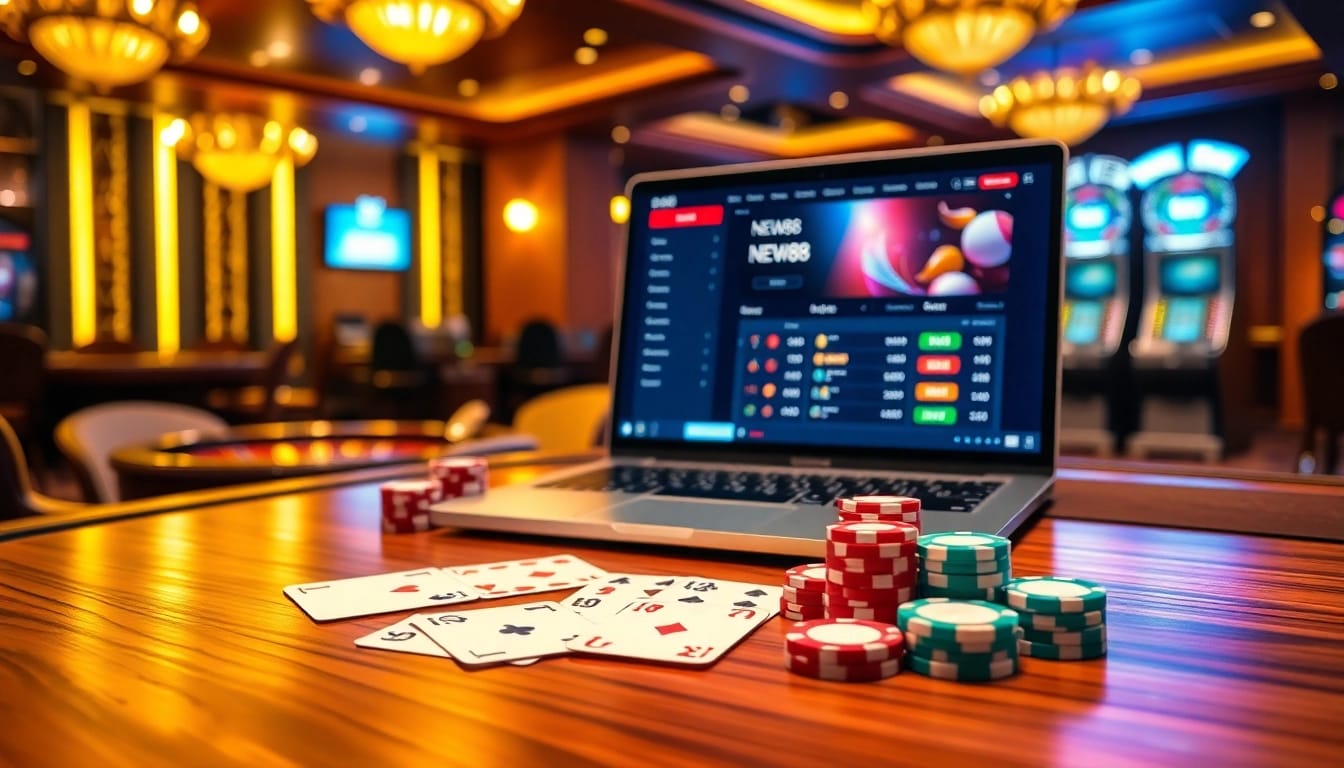 Exciting poker game scene with New88 platform displayed, illustrating online gambling excitement.