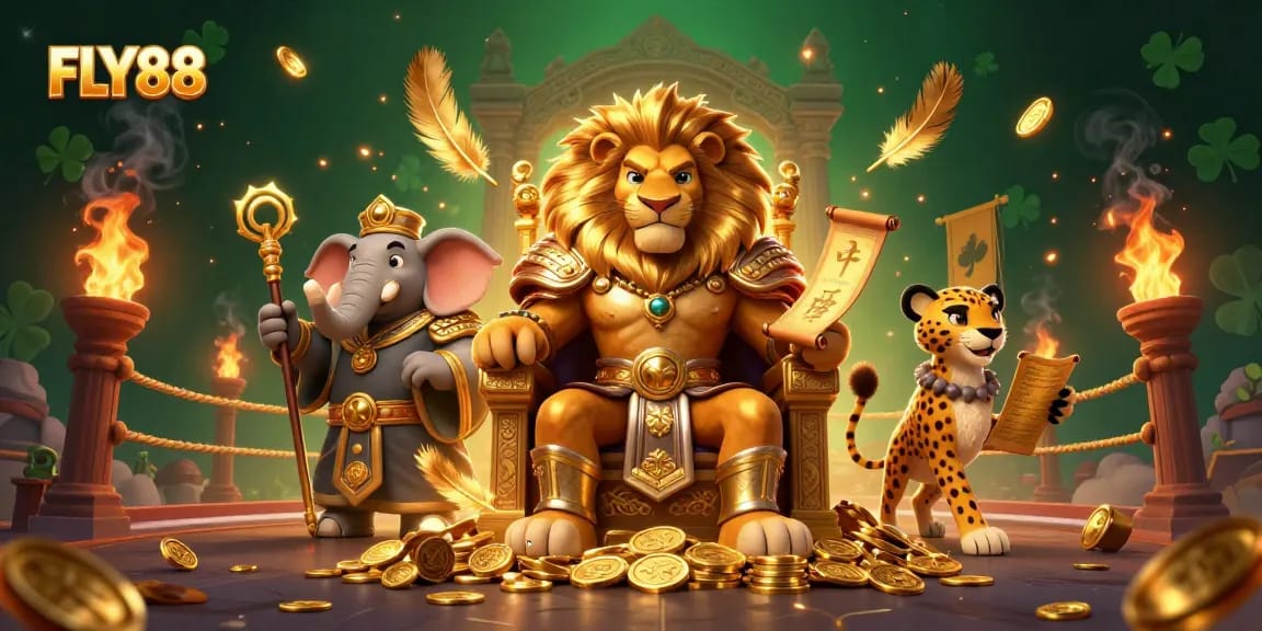 Experience FLY88's thrilling gaming environment with a lion king, wise elephant, and cheetah in a vibrant 3D casino scene.