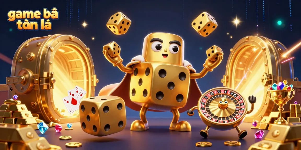 Engage in game bài tiến lên with an exciting illustration of dice, cards, and treasures.
