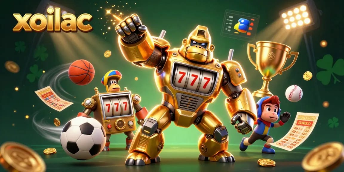 Engage with xoilac's vibrant gaming scene featuring a golden gorilla mech and dynamic sports elements.