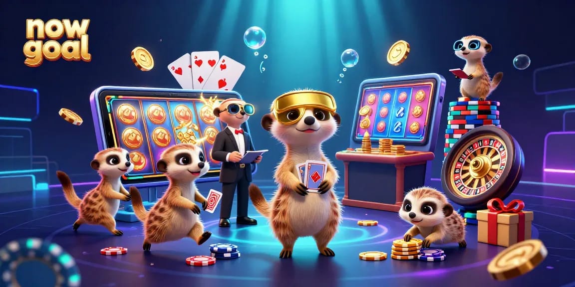 Experience live action at "now goal" casino with meerkats operating colorful slots and games.