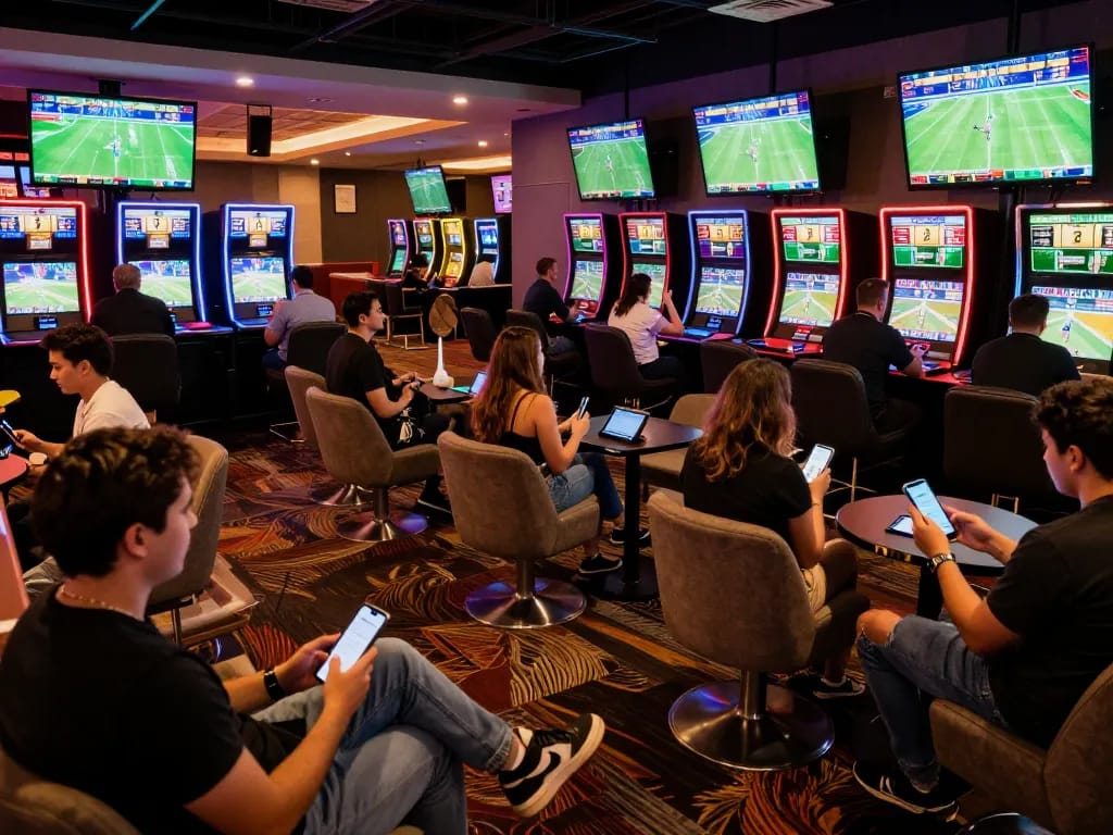 GA88 sports bettors enjoying live game action in a lively lounge designed for strategic betting.