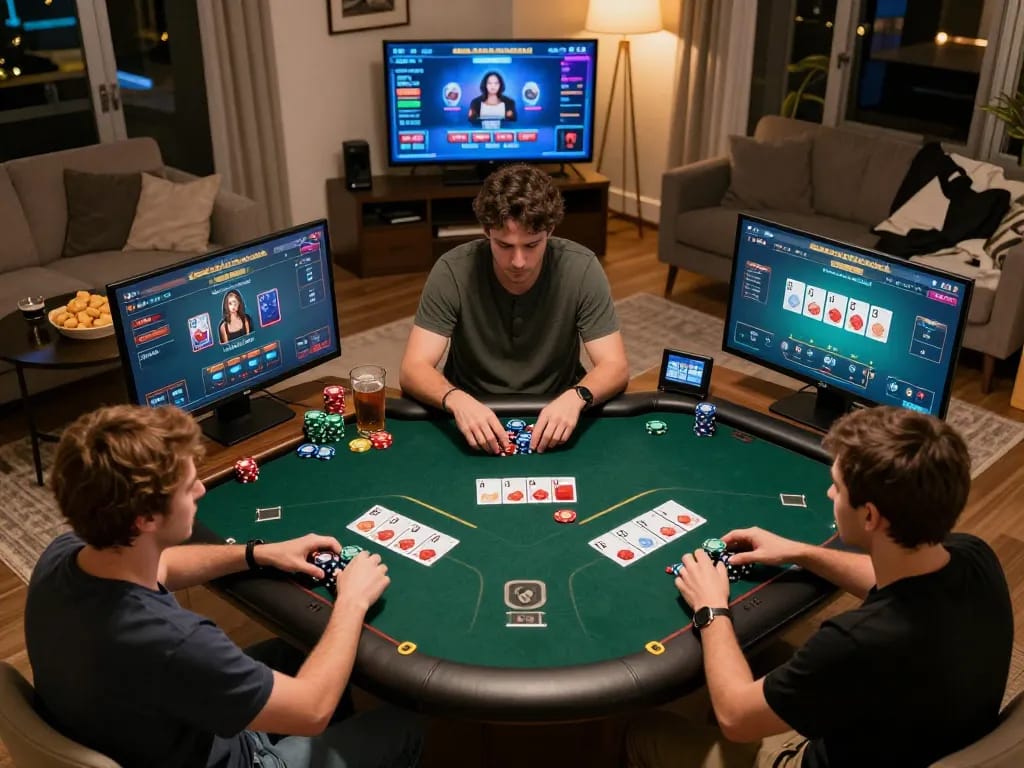 GG88 players engaged in dynamic online poker game with vibrant screens and cozy atmosphere