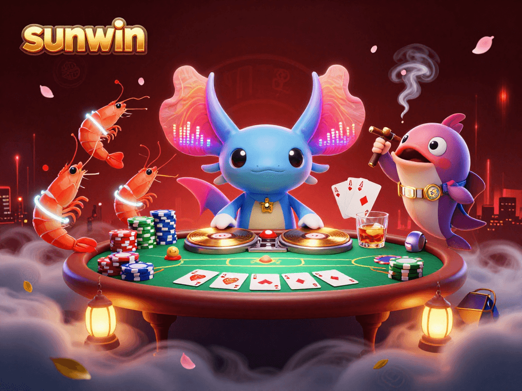 Experience vibrant sunwin casino action with a neon axolotl DJ and poker excitement
