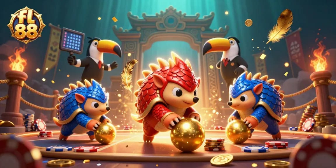 Engage in the thrilling world of fl 88 with rival pangolins competing for poker chips in a vibrant casino.